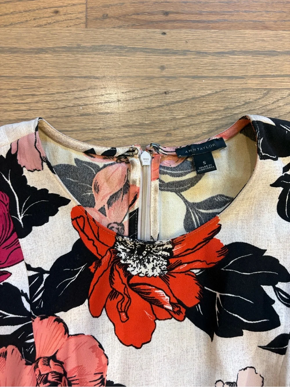 Ann Taylor Sleeveless Floral Blouse - Coral, Pink & Black on Cream